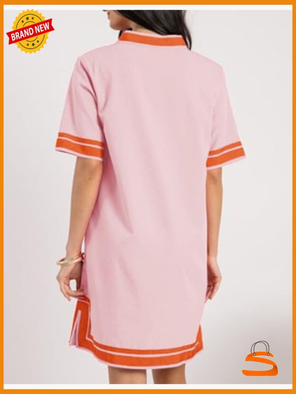 Linen Color Block Shift Dress with Pockets Swimsuit Coverup V-Neck Short Sleeve - Picture 5 of 6